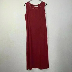 Vintage Norm Thompson Sleeveless Linen Blend Maxi Dress Size 12 MiUSA Red Modest